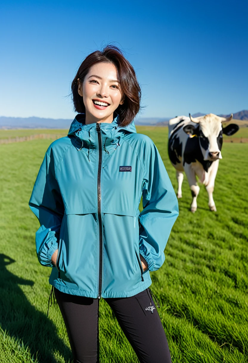 high quality, 1 woman, ((36 years old 건강한 한국 여성)), ((36 years old)), 1 woman, The eyes are big and beautiful. ((slim)), ((short medium hair)), laugh. pose: standing, Luxury brand windbreaker jacket, background: 1 woman, California, pasture, Cow, grass. plains, Full body shot with 16-34 wide angle lens, look up to the side, blue sky, So that you can see the whole body