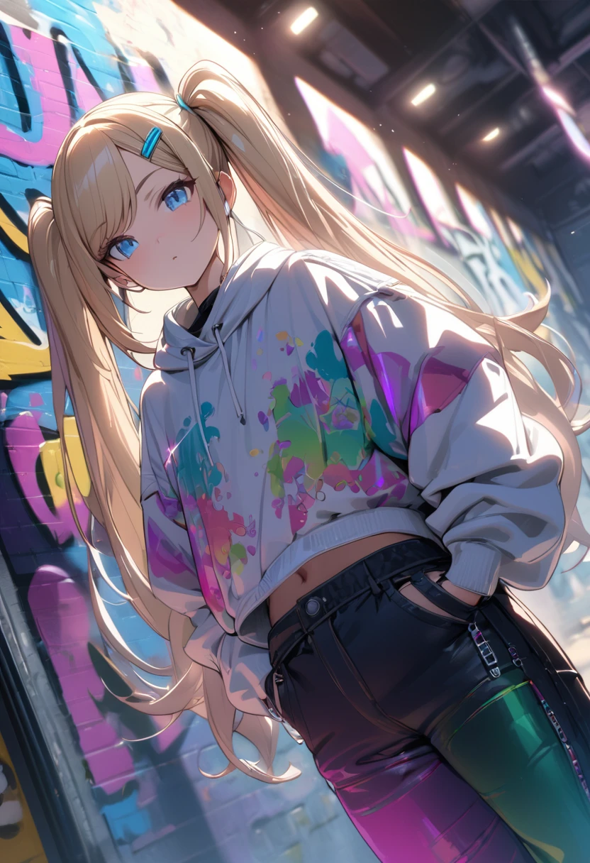 masterpiece,best quality,Perfect features,intricate details,Ray Tracing,ultra resolution image,Holo-Punk Style,
1girl,solo,dsann,blonde hair,long hair,twintails,swept bangs,blue eyes,hairclip,
street hip hop style clothes,oversize pants,
Street graffiti background,graffiti background,
dynamic angle,cinematic lighting,glitter aesthetic,
