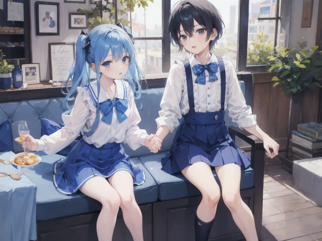 boy and girl, sit in blue cafe, French sweet, blue skirt 