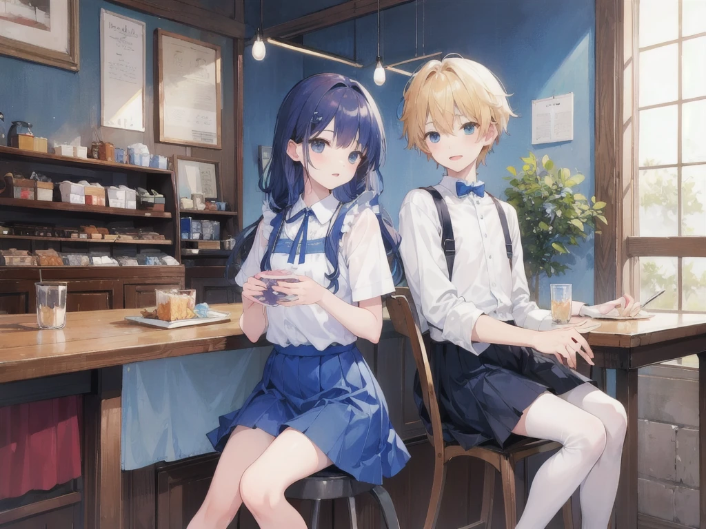 boy and girl, sit in blue cafe, French sweet, blue skirt 