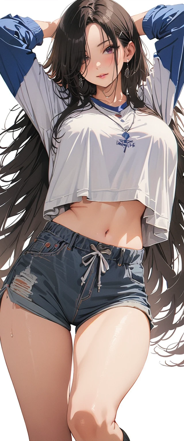 20 years old,1 mature woman,hyperrealistic, 8k, (extremely detailed 8k), (very delicate and beautiful), (masterpiece), (better quality:1.0), (ultra high resolution:1.0), (masterpiece, best quality),cute,black hair,white background,realistic skin,model posing,big breasts,hair over one eye,black nail,extra long hair,Sweatpants,cowboy shot,Denim Shorts