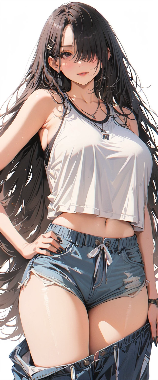 Oriental beautiful girl,White transparent real-life painting,Color splash rendering,Facial texture is clear,Long brown hair with silvery white and dark gray highlights.Tie double ponytails on both sides,loose white shirt,Blue distressed denim shorts,White sand background,messy strokes.Close-up of character( Perfect anatomical structure ) Beautiful and extremely fine texture,detailed, bright, Animation style high definition and high quality presentation