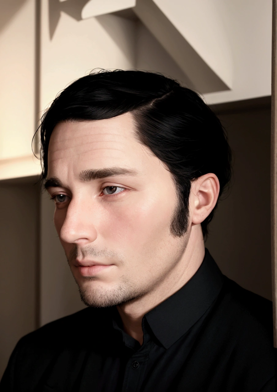 40 year old man with black hair, pale, caucastian, lit from beneath shadows on face.
