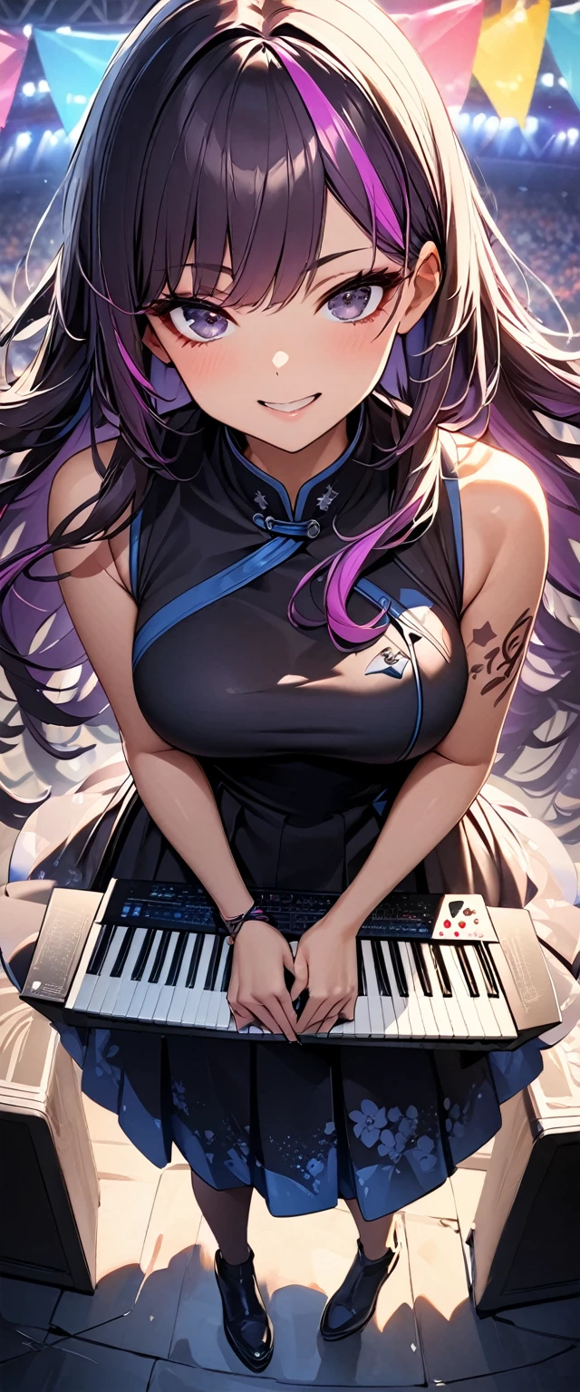 (highest quality:1.2, Very detailed, up to date, Vibrant, Ultra-high resolution, High Contrast, masterpiece:1.2, highest quality, Best aesthetics), Portraiture、girl、keyboard player、stage、performance、Rock Music、Bright colors、Beautiful fine details、Beautiful lip detail、long hair、black and purple ((streaked hair:1.6)), highlights hair: 1.5, rbrown eyes, slim body, middium breast, Music band、Cheerful pose、Concert Light、Edgy Style、(colorful Cheongsam:1.2), (no sleeve:1), Dynamic Movement、hypnotic sounds、Stadium、amplifier、Loud music、(playing keyboards:1.6), (Floral Fineline tattoo design on left arm:1), Passionate performance、Sparkling stage、Concert atmosphere、Music Festival、Full of emotion、Rock star attitude、Resolute expression、Avid Fan、The presence of an attractive stage、 Expressive gestures、Rock star aura、An exciting atmosphere、Sing with all your heart、An unforgettable show。 ((full body:1.5)),