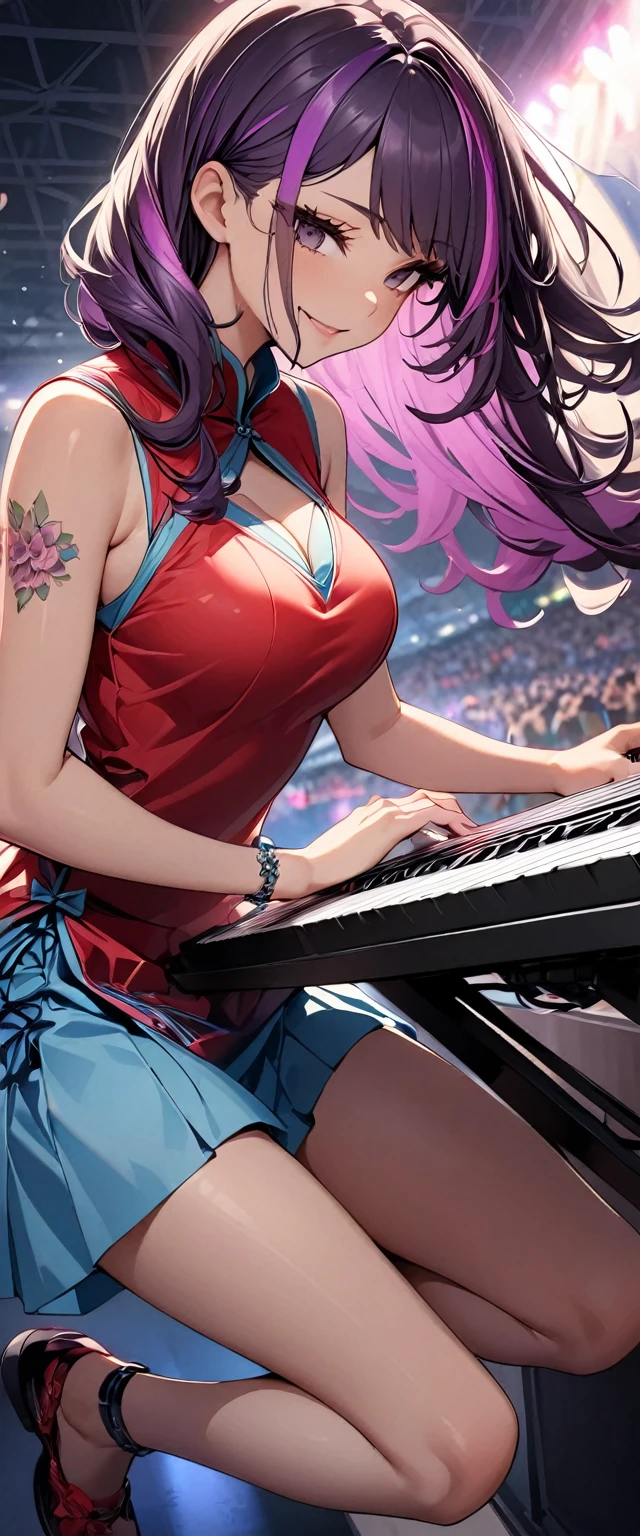 (highest quality:1.2, Very detailed, up to date, Vibrant, Ultra-high resolution, High Contrast, masterpiece:1.2, highest quality, Best aesthetics), Portraiture、girl、keyboard player、stage、performance、Rock Music、Bright colors、Beautiful fine details、Beautiful lip detail、long hair、black and purple ((streaked hair:1.6)), highlights hair: 1.5, rbrown eyes, slim body, middium breast, Music band、Cheerful pose、Concert Light、Edgy Style、(colorful Cheongsam:1.2), (no sleeve:1), Dynamic Movement、hypnotic sounds、Stadium、amplifier、Loud music、(playing keyboards:1.6), (Floral Fineline tattoo design on left arm:1), Passionate performance、Sparkling stage、Concert atmosphere、Music Festival、Full of emotion、Rock star attitude、Resolute expression、Avid Fan、The presence of an attractive stage、 Expressive gestures、Rock star aura、An exciting atmosphere、Sing with all your heart、An unforgettable show。 ((full body:1.5)),