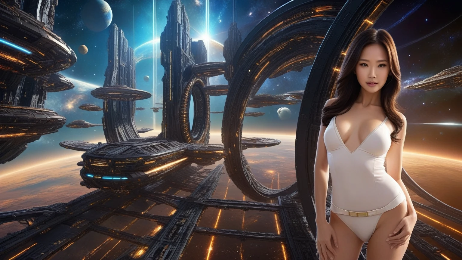 dark space of the universe, large artificial high-tech ring gate flies through space and time, flying sci-fi vehicle, cosmic light and the ancient energy of the Universe burst out from the depths of these gates and transport the viewer to other worlds, where it's light and cozy, sci-fi. (((1girl, solo, alone))), large-breast:1.2 slim body, cleavage:1.1, sexy elegant miniskirt, (((headphone, black sunglasses, standing and holding pistol pose))), (((half-body thigh level medium shot))), cinematic lighting, lens flare, ray tracing.