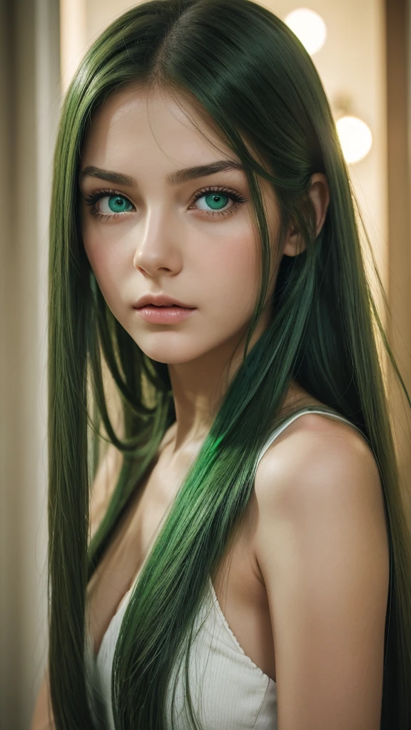 a girl.  face sent feeling.  Europe.  Oval face.  long face.  delicate facial features.  sad eyes.  seductively seductive.  green eyes.  long straight hair.  green hair like.  sad expression.  shy.  straight face