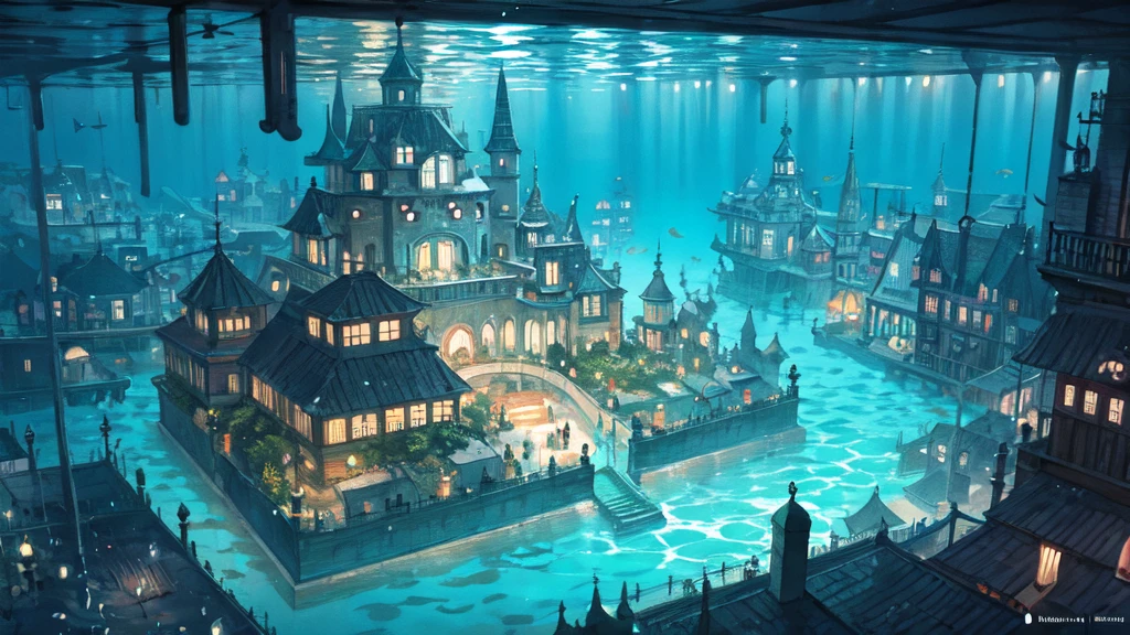 Submerged city, underwater opera house, illustration, nostalgic, underwater, water city, vivid, background only, bright, underwater