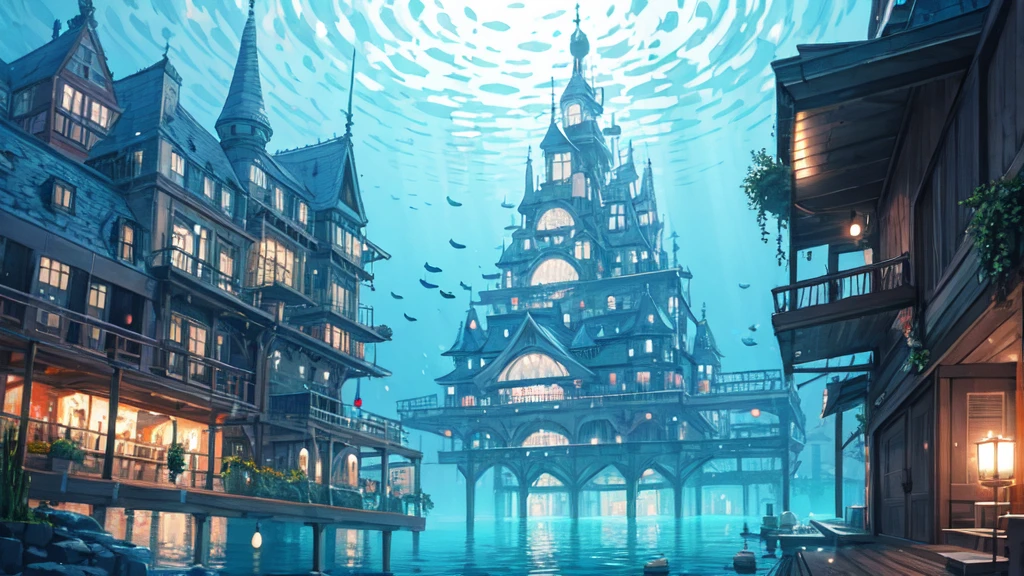 Submerged city, underwater opera house, illustration, nostalgic, underwater, water city, vivid, background only, bright, underwater