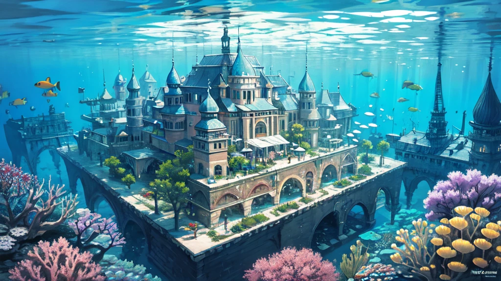 Submerged city, underwater opera house, illustration, nostalgic, underwater, water city, vivid, background only, bright, underwater