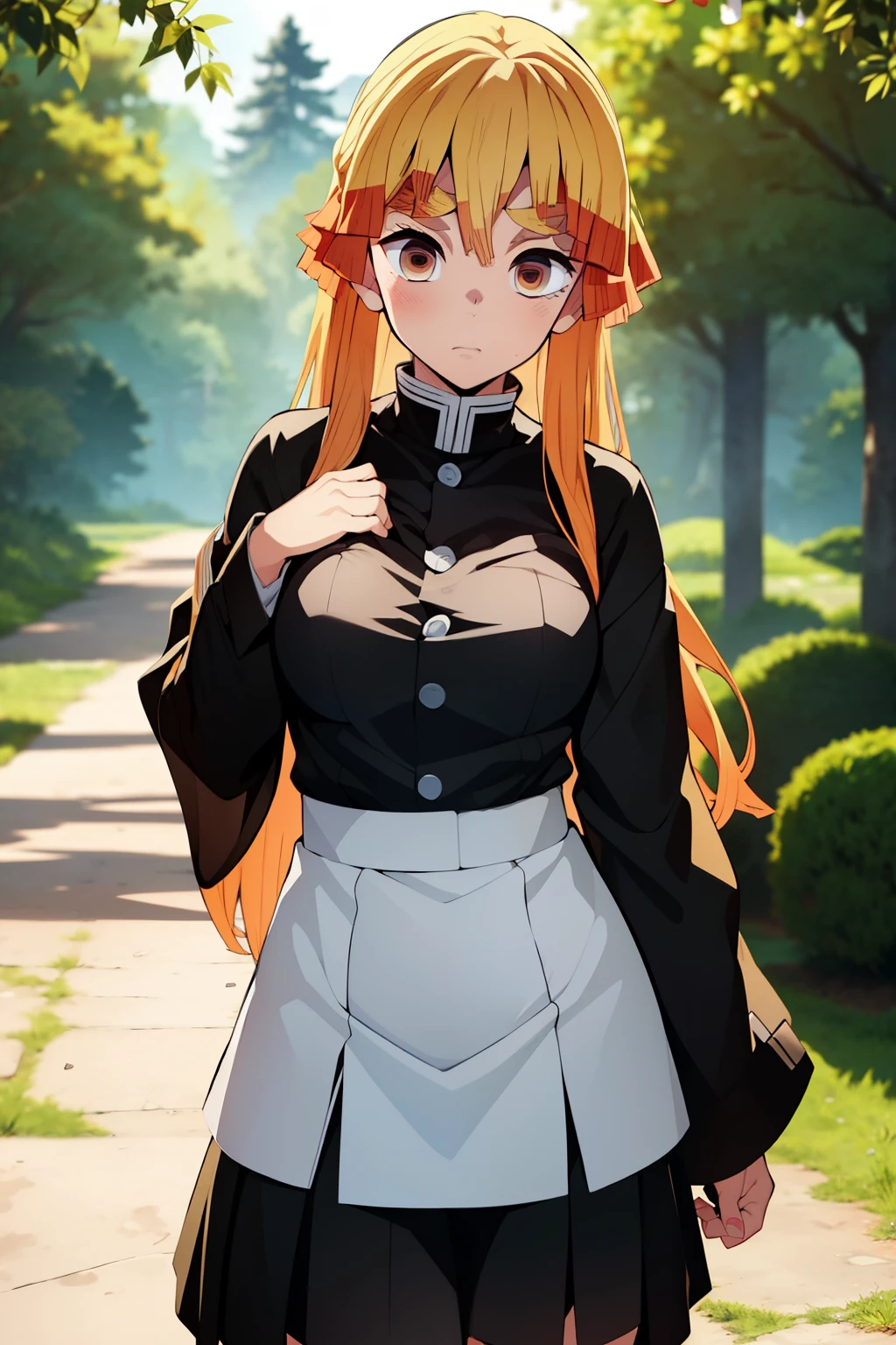 (masterpiece), best quality, expressive eyes, perfect face ,rosto feminino  , scared face , highres, 1 girl, solo, (female body:1.3), medium breasts,  Agatsuma Zenitsu , 1girl, long blonde hair , black demon slayer uniform , skirt  , outdoor, forest, trees, standing, portrait, looking at the viewer , katana 