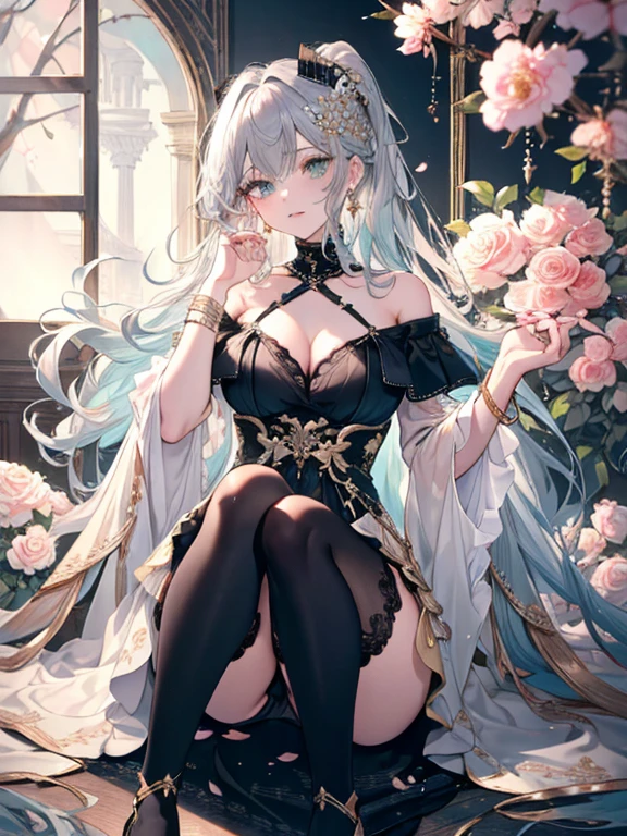 8k,High resolution RAW color art, animation,Sculpture, Silver Marble Skin, (((Highly detailed elegant))), Magical atmosphere, Detailed skin, texture,(Exquisitely crafted, The finer details, Ultra-detailed art), Depth of written boundary, Silky Touch, Hyper Detail, White Background、Beautiful Eyes, Elegant face, Ivory Rose, eye shadow、(Highest quality:1.2, High detail, masterpiece:1.2, Best aesthetics), (1 Girl), Beautiful woman, Beautiful attention to detail, Beautiful lip detail, Highly detailed face, Delicate depiction of hair and eyes, Detailed Fashion, Aqua Eye, Earrings, Big Breasts,Full body depiction, ,Focus on the user、Beautiful black off-shoulder top、Beautiful black above the knee skirt、Tights up to the knee、Thighs、Gold decoration, Black nails, Gray Hair, Gold bracelet, Long Straight Hair, Light blue inner hair、Hair、Red cheeks、Looking up、evening、Cherry Blossom、Fluttering clothes
