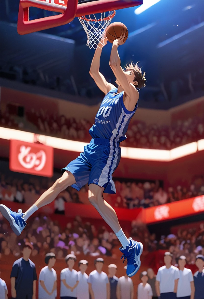 Male professional basketball player dunks in air, compete with defensive player in air, dunk shot, SLAM DUNK, blue lightning strikes the ball, (red sign with &quot;0.1&quot; in background:1.4), The crowd gets excited in the dimly lit match venue, (masterpiece, best quality, super detailed)