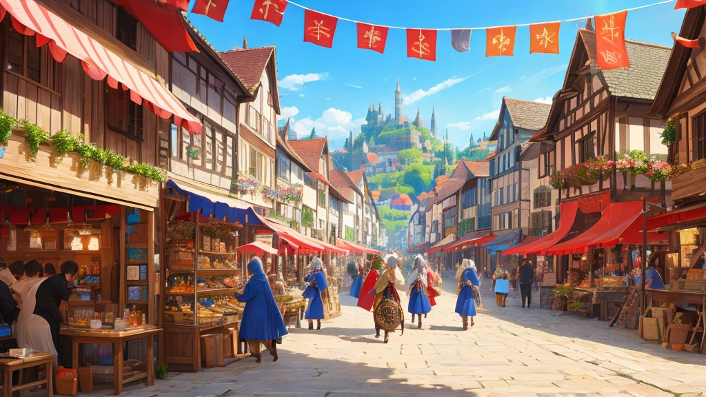 People preparing for the festival々、Medieval Europe、Small village、Preparations for the festival、Bustling、Streetscape、Fantasy、Fantasy、Daytime、Gorgeous