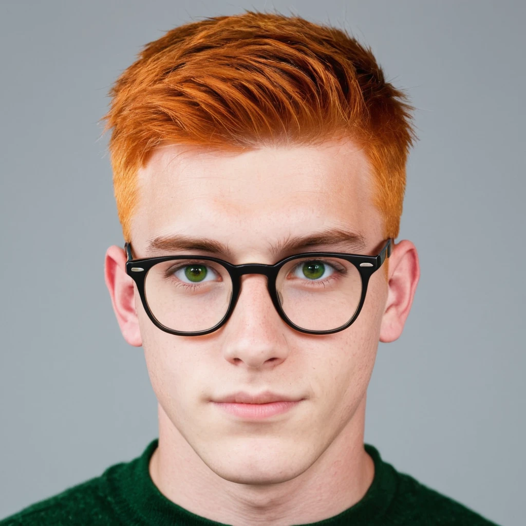 Handsome Scottish guy, orange hair, green eyes, short hair, buzzcut hair, 17 years old student, big eyeglasses