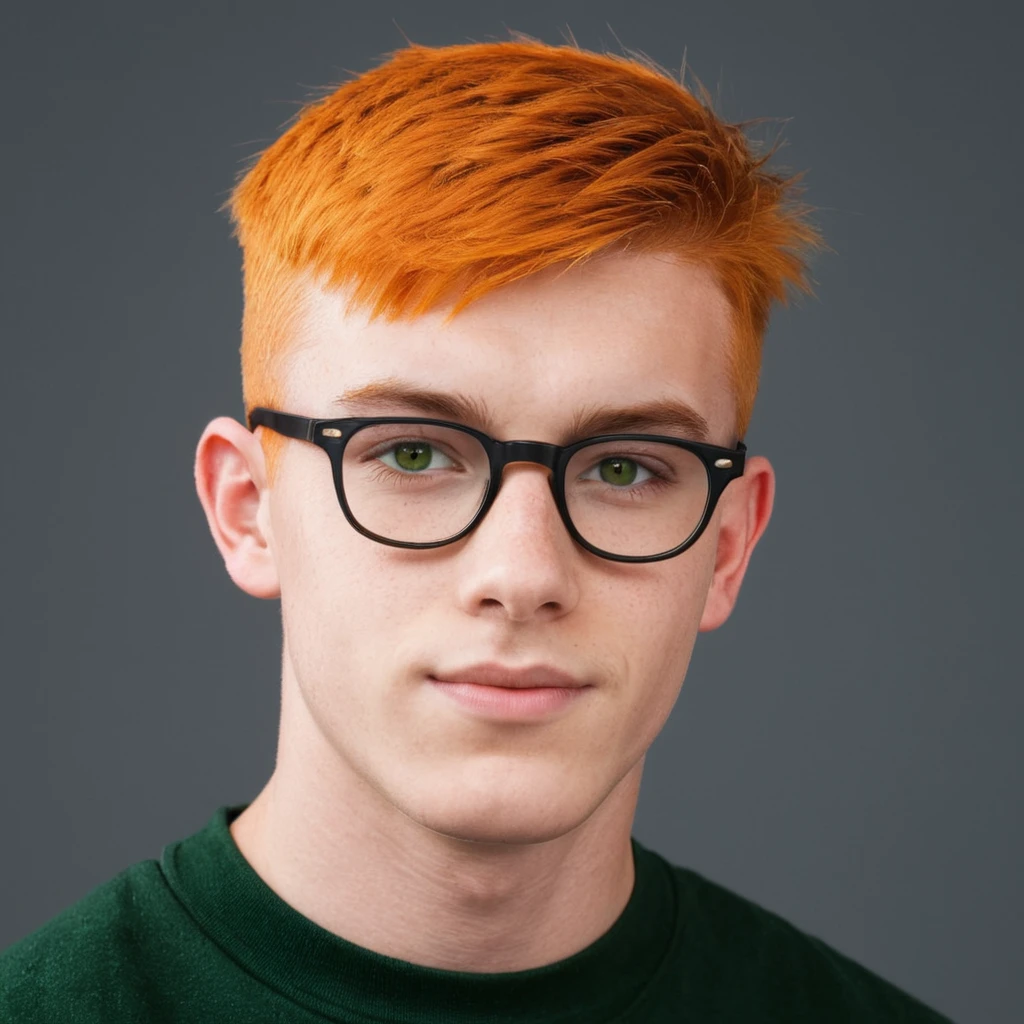Handsome Scottish guy, orange hair, green eyes, short hair, buzzcut hair, student, big eyeglasses