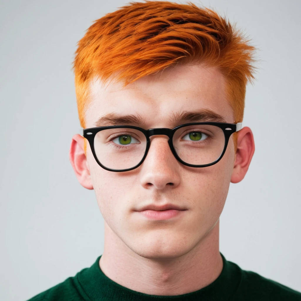 Handsome Scottish guy, orange hair, green eyes, short hair, buzzcut hair,  17 years old student, big eyeglasses 