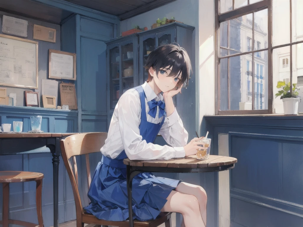 boy and man, sit in blue cafe, French sweet, blue skirt