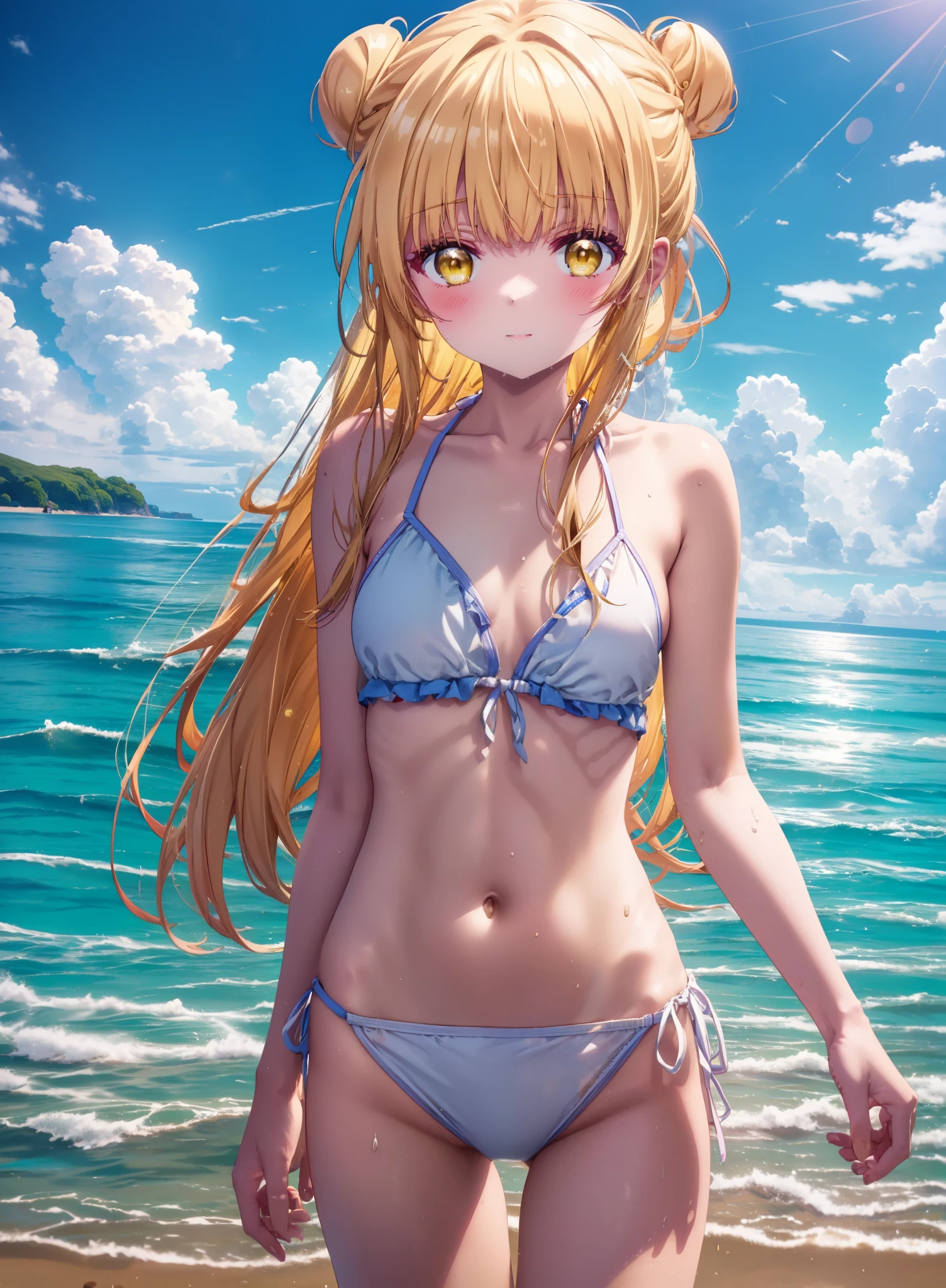 mahirushiina, Mahiru Shiina, Long Hair, bangs, Blonde, Brown Hair, (Yellow Eyes:1.3), smile,blush,Hair Bun, double Hair Bun,Yellow bikini swimsuit,barefoot,Water Play,Ocean,Sandy Beach,whole bodyがイラストに入るように,Wet Hair,Wet Skin,Wet swimsuit,
break outdoors, Beach,
break looking at viewer, whole body,(Cowboy Shot:1. 5)
break (masterpiece:1.2), Highest quality, High resolution, unity 8k wallpaper, (figure:0.8), (Beautiful attention to detail:1.6), Highly detailed face, Perfect lighting, Highly detailed CG, (Perfect hands, Perfect Anatomy),