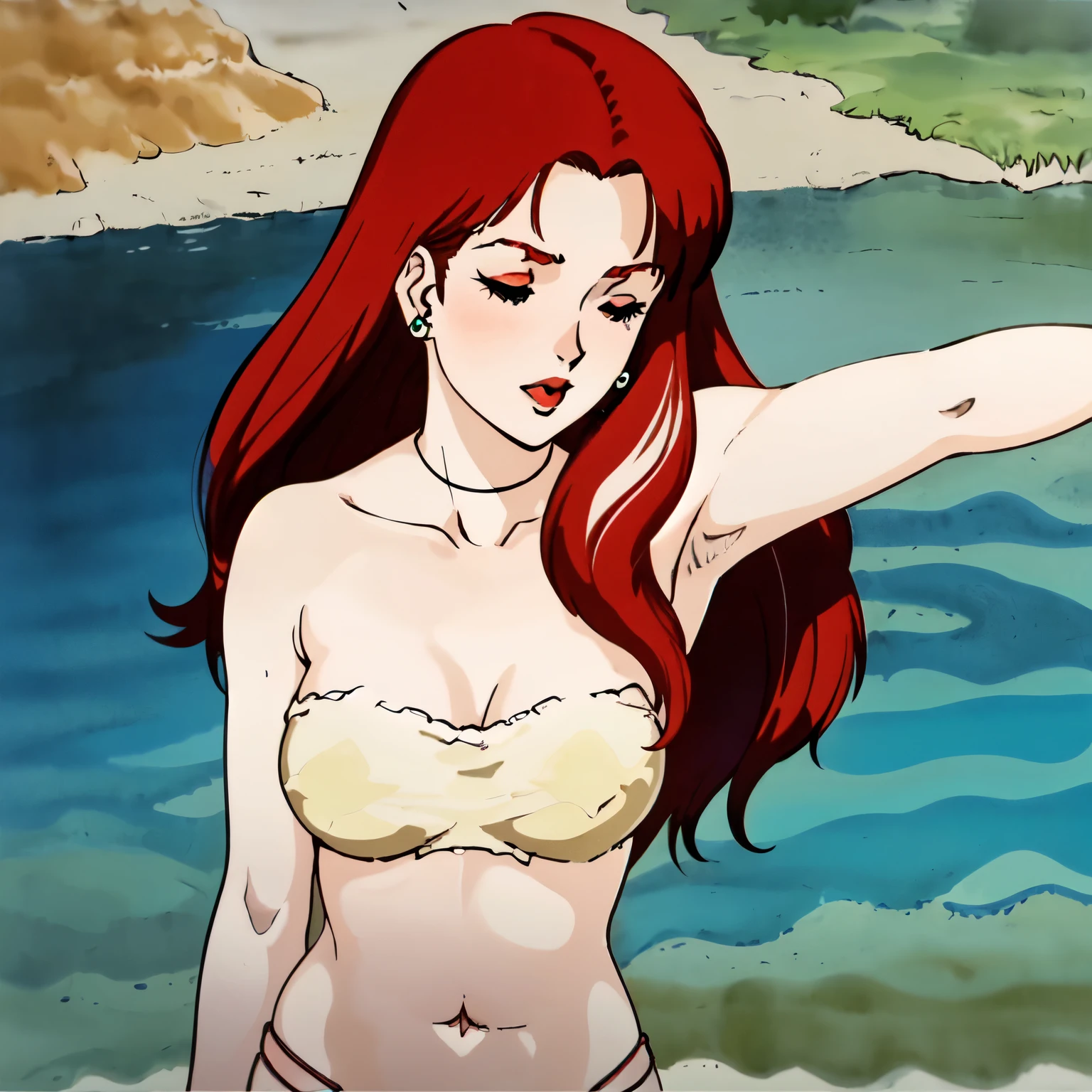 masterpiece,highres,high quality,nsfw,christinamackenzie,1girl, beach, earrings, bare shoulders, belly button, breasts, (red eyeshadow: 1.2), partially closed eyes, open mouth(1.1), horny, (red lips:1.1), choker, (face blush:1.1), (pale skin:1.2), (long hair:1.2),parted bangs,red hair,green eyes,