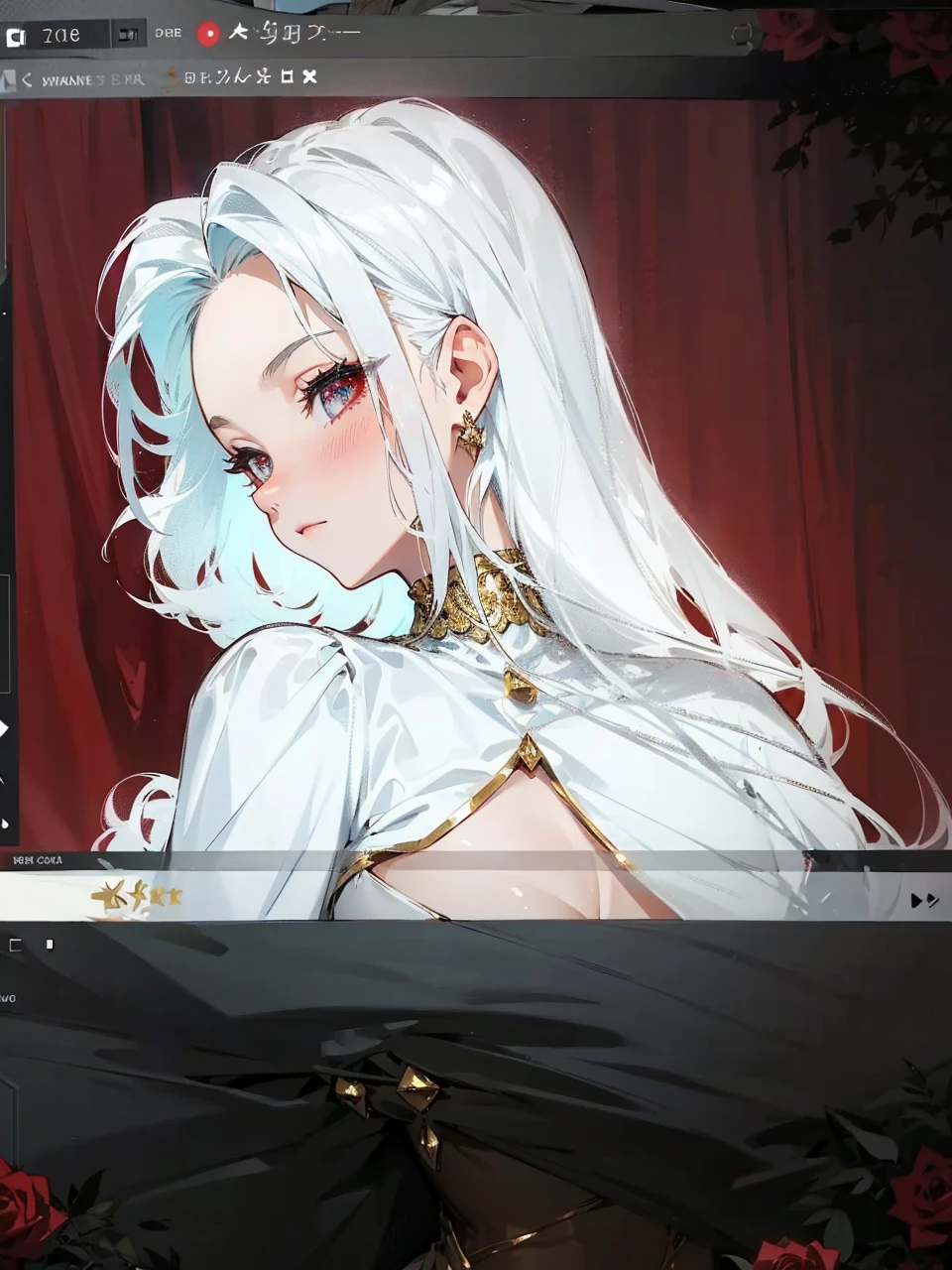 Add in roses to her dress, a good back dress design with some golden jewelry, make her dress into a red and white gown with a hat, give her some unique Jewelry, and make her look somewhat of a demonic angel like appearance to her