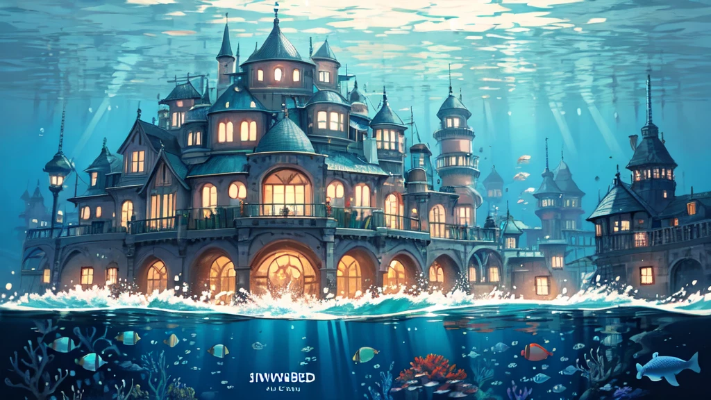 Submerged city, underwater opera house, illustration, nostalgic, underwater, water city, vivid, background only, bright, underwater