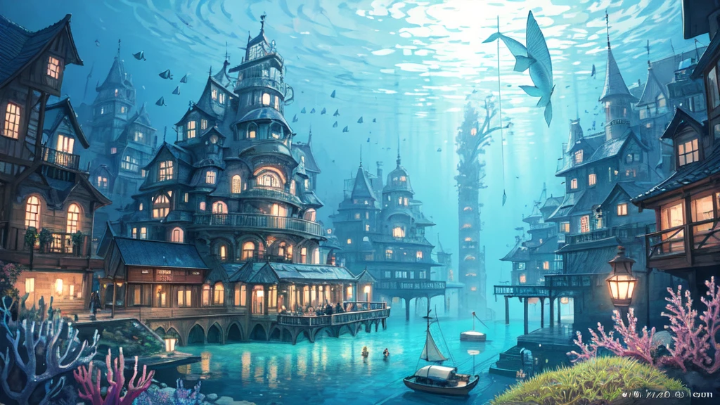Submerged city, underwater opera house, illustration, nostalgic, underwater, water city, vivid, background only, bright, underwater