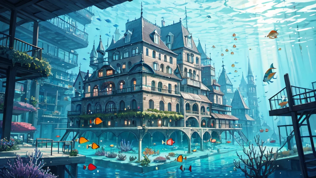 Submerged city, underwater opera house, illustration, nostalgic, underwater, water city, vivid, background only, bright, underwater