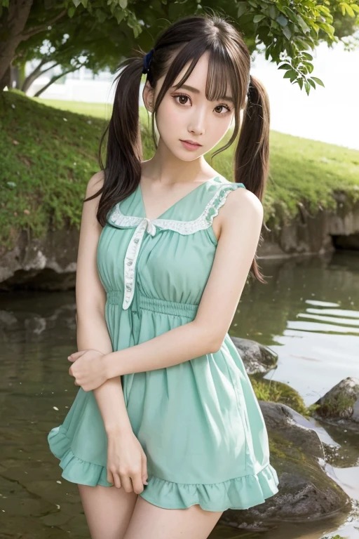 One girl, alone, hair ornaments, Green Hair, Twin tails, Long Hair, dress, water,Yui Aragaki