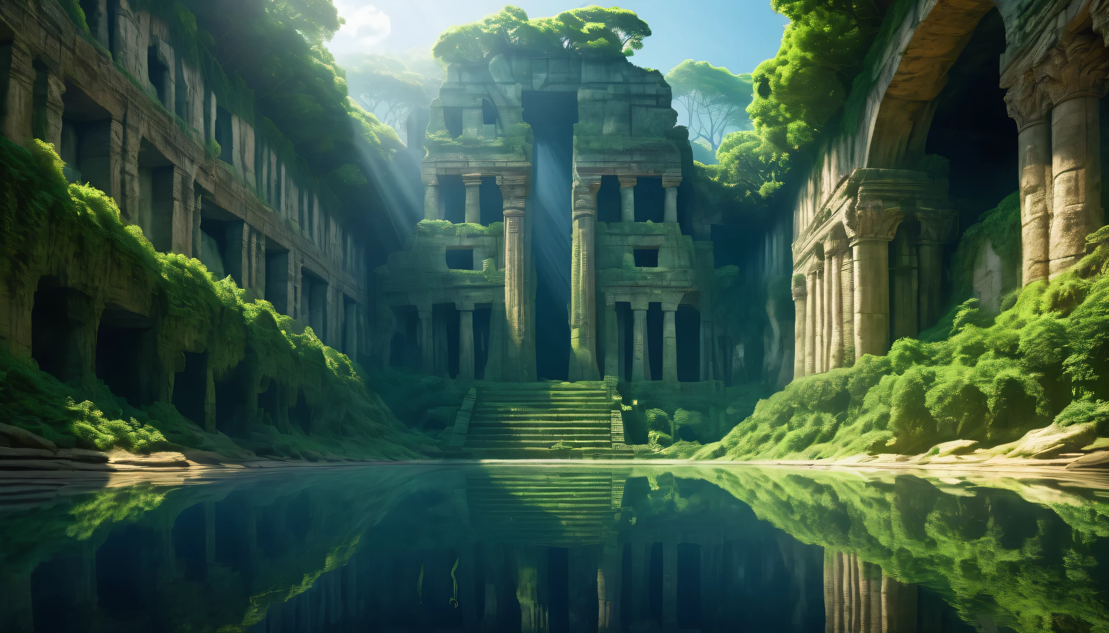 wallpaper,Huge ancient ruins carved into the cliffs, Beyond the forest, movie, Surrealism, soft, Ray Tracing, diffusion (Ultrafine glass reflection)、Surrealism