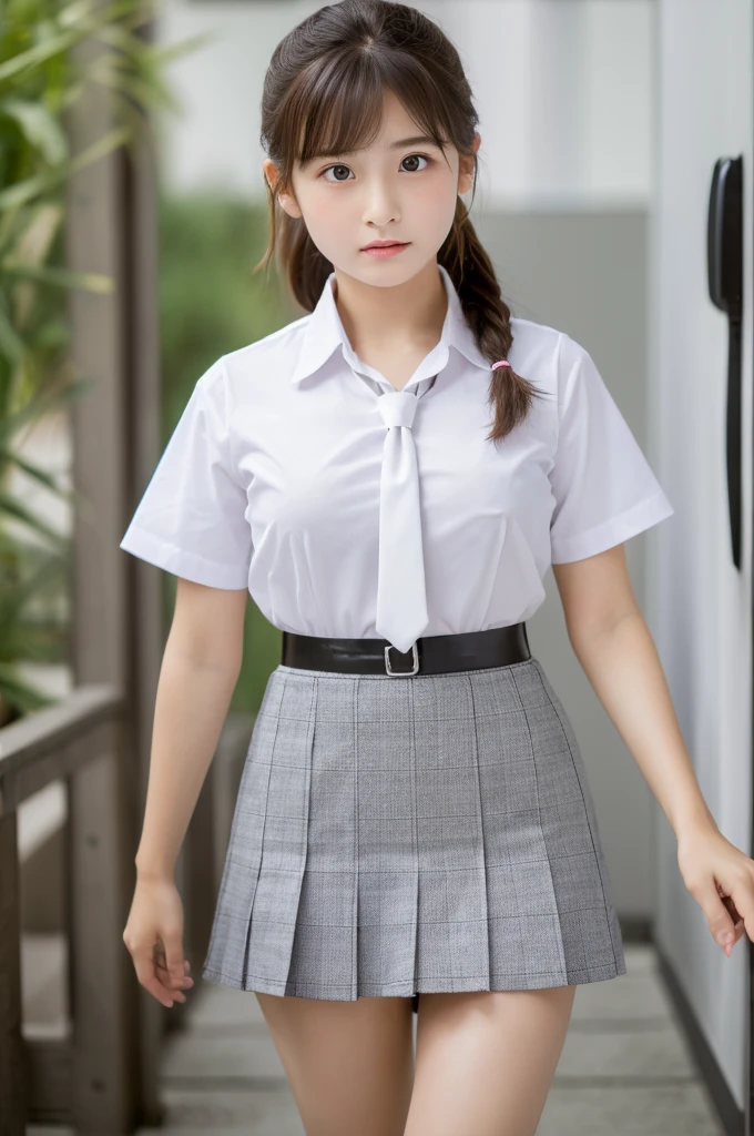 ((highest quality, masterpiece :1.3)), Photorealistic、Ultra-high resolution、Natural skin texture、Hyperrealism、Photograph from the knee up、12 year old beautiful Japanese girl、Ponytail Hair、Large breasts、White collared shirt and tie、mini skirt、Frightened expression