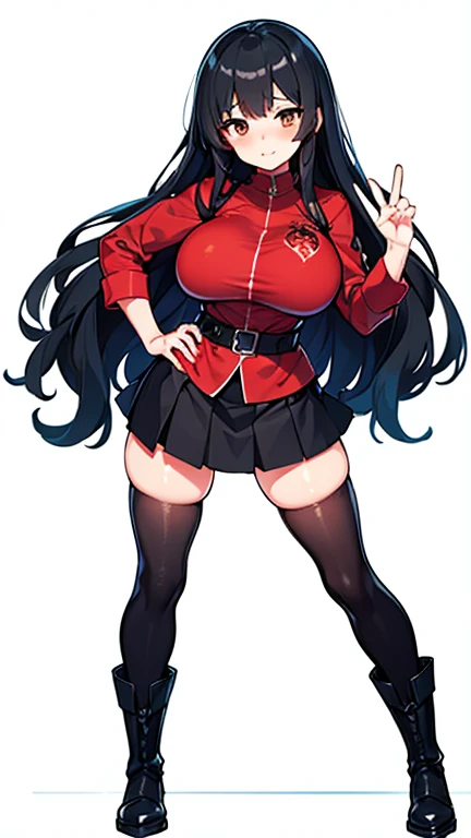 (Masterpiece), (maximum quality), (high resolution), 1 girl with big breasts, whole body, black hair, Brown eyes, red shirt are sleeves, Short skirt, black boots and black stockings, is sweaty, shy, and blushing cheeks; is posing, standing, pose sexy