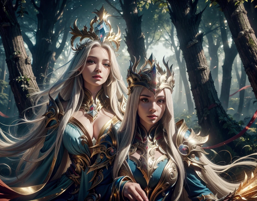 In a clear day forest, there is a woman highlighting her remains of her feathers well shed. A goddess with long white hair, golden crown with shiny magic crystal, wearing a blue costume of a sorceress costume of paladin, futuristic powers. Anja War Armor with Big Aza
with fine gold accents, on a large tree lying in front of me. Details:1.2) 4K ultra-HD, digital SLR, soft lighting, high quality,