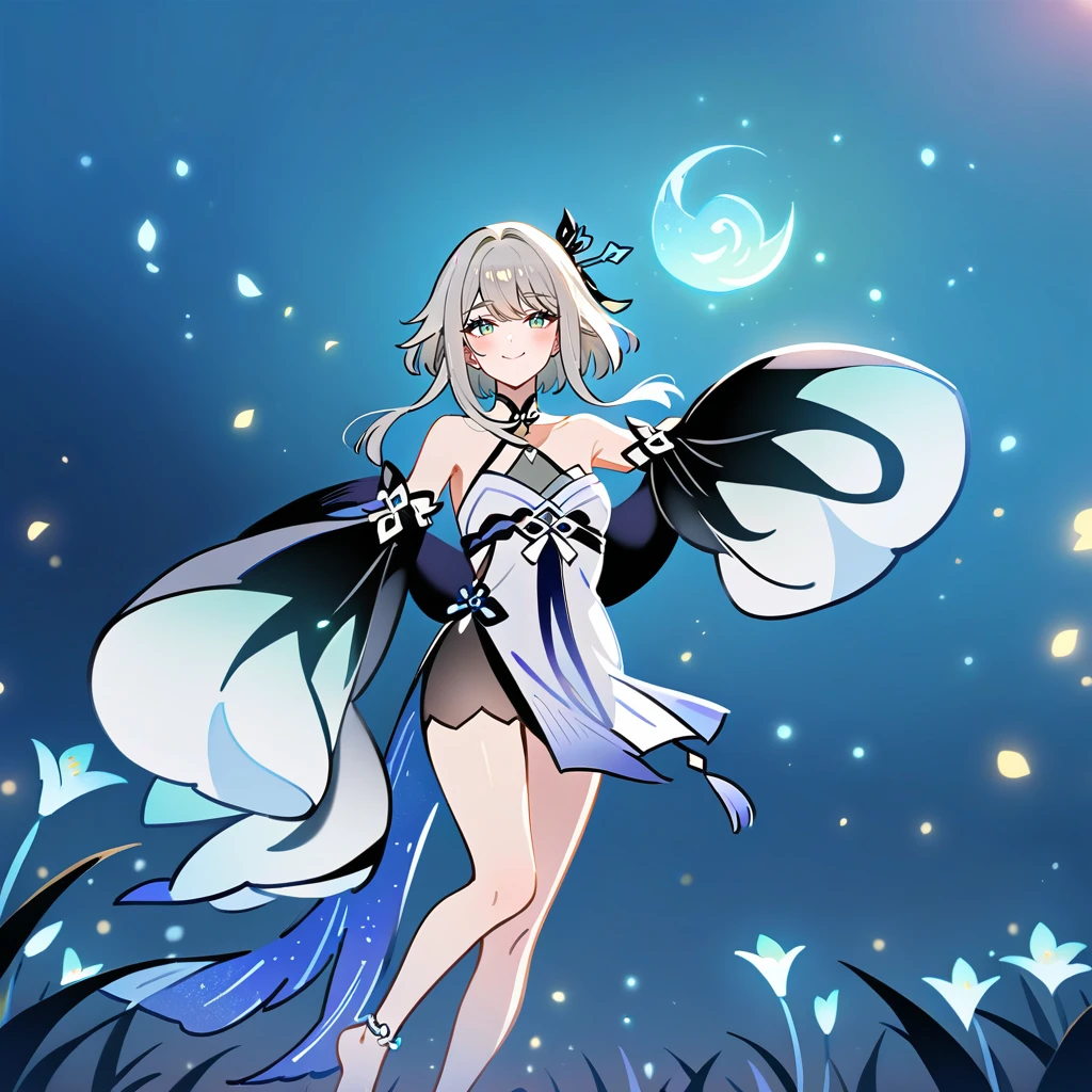 1girl, guizhong_\(genshin_impact\),light grey hair,short_hair_with_long_locks,starry_sky_print,detached_sleeves, long sleeves that drape over hands past fingers,dancing,hanfu,illustrated by matsuryuu and agahari and dsmile,pale green-grey eyes,stunning field of softly glowing blue and white glaze lilies,night scene,gentle smile,moonlight,glossy lips,vivid anime coloring,cel shading,smooth, soft dreamy focus,anklet,halter_top,white clothes,highly detailed,digital painting,field of flowers,bare_shoulders,wlop,barefoot,cool night tones, magical night scene,masterpiece, best quality, film, bokeh, multicolored light particles,professional, 4k, highly detailed,fireflies,Guardian nebula of rainbow light and silvery vapor,ai-generated,goddess of stardust