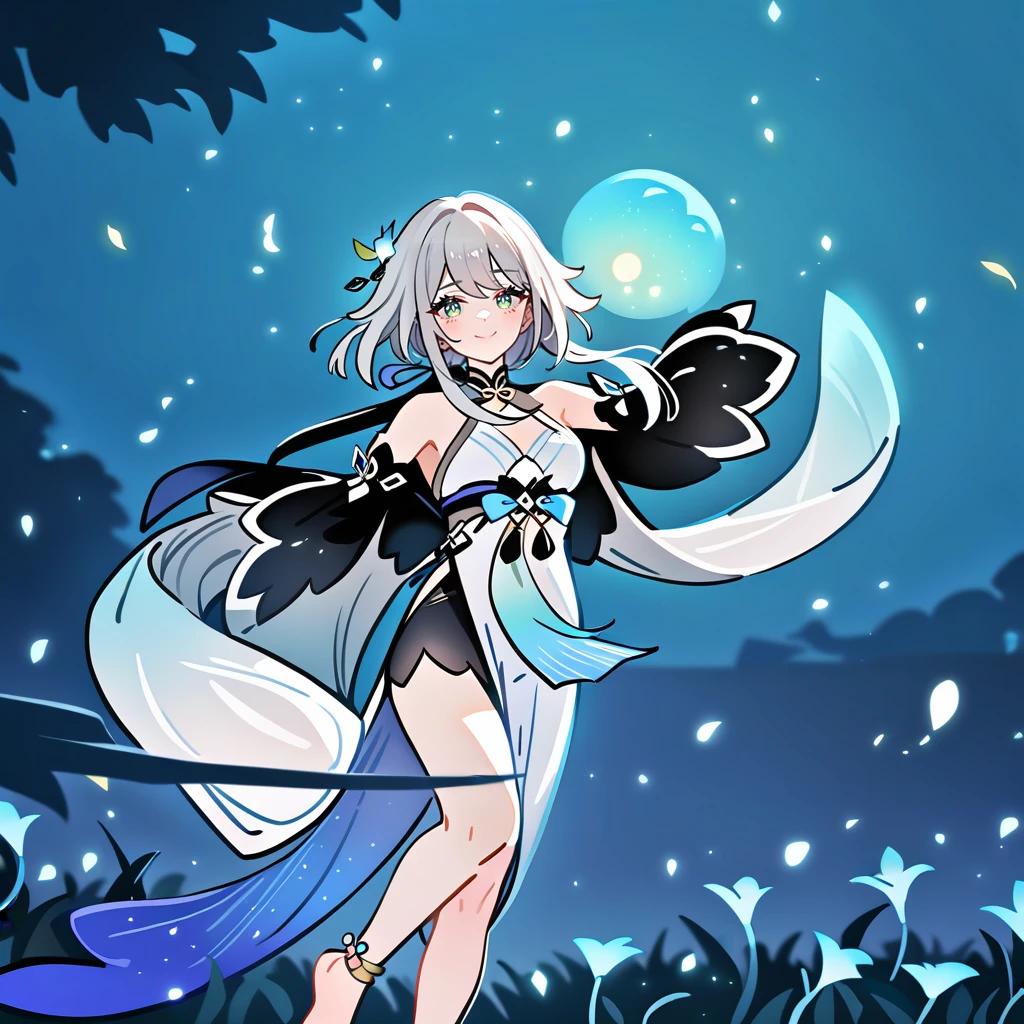 1girl, guizhong_\(genshin_impact\),light grey hair,short_hair_with_long_locks,starry_sky_print,detached_sleeves, long sleeves that drape over hands past fingers,dancing,hanfu,illustrated by matsuryuu and agahari and dsmile,pale green-grey eyes,stunning field of softly glowing blue and white glaze lilies,night scene,gentle smile,moonlight,glossy lips,vivid anime coloring,cel shading,smooth, soft dreamy focus,anklet,halter_top,white clothes,highly detailed,digital painting,field of flowers,bare_shoulders,wlop,barefoot,cool night tones, magical night scene,masterpiece, best quality, film, bokeh, multicolored light particles,professional, 4k, highly detailed,fireflies,Guardian nebula of rainbow light and silvery vapor,ai-generated,goddess of stardust