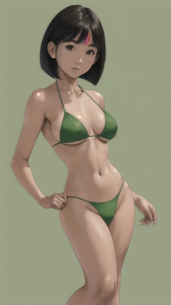((Ultra high-definition)), ((8k resolution)), (slightly realistic), Japanese girl, full body, wearing a bikini, standing, medium bob hairstyle, simple green background, facing forward, looking at the camera, highly detailed and cleanly rendered