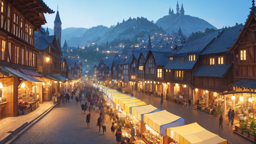 People preparing for the festival々、Medieval Europe、Small village、Preparations for the festival、Bustling、Streetscape、Fantasy、Fantasy、Daytime、Gorgeous