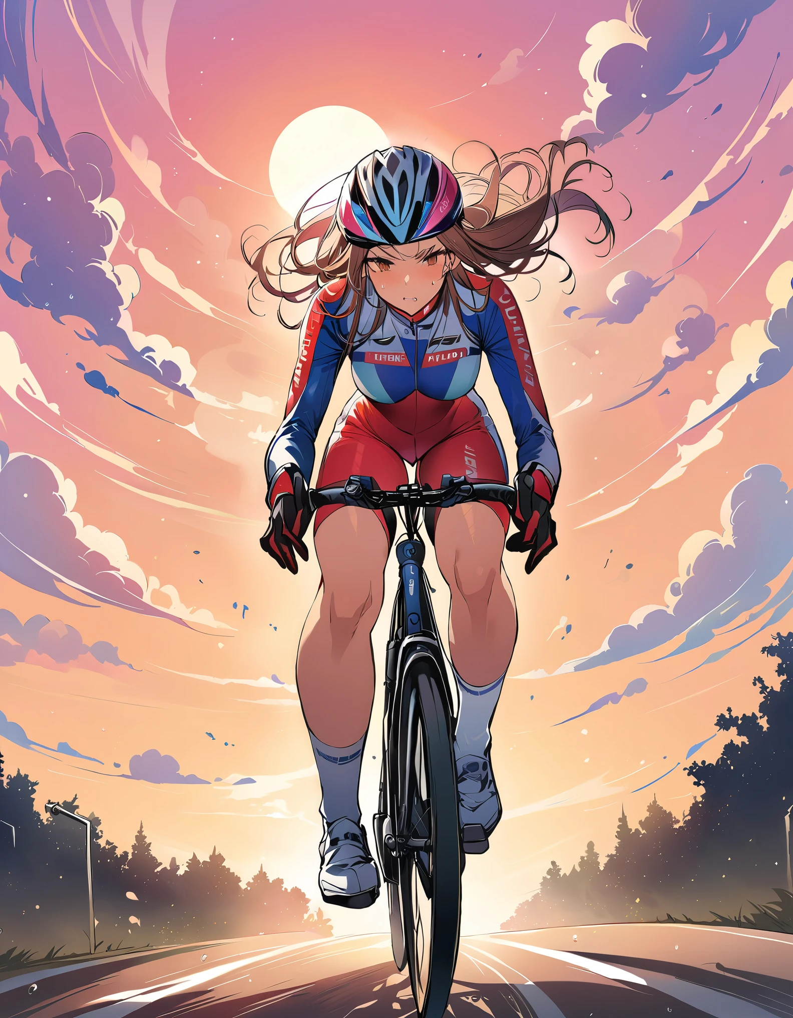 (masterpiece:1.2),(Highest quality),(Super detailed:1.2),(High resolution),(Highest quality),(An illustration),8k,wallpaper,Woman Riding a Bicycle,(Racing Suits),(Racing Gloves),(Thick thighs),(Dynamic depiction),(A detailed depiction of a bicycle),(Sweat),Sunset,(Hand,detailed,perfect,perfection,Hands),(riding bicycle)