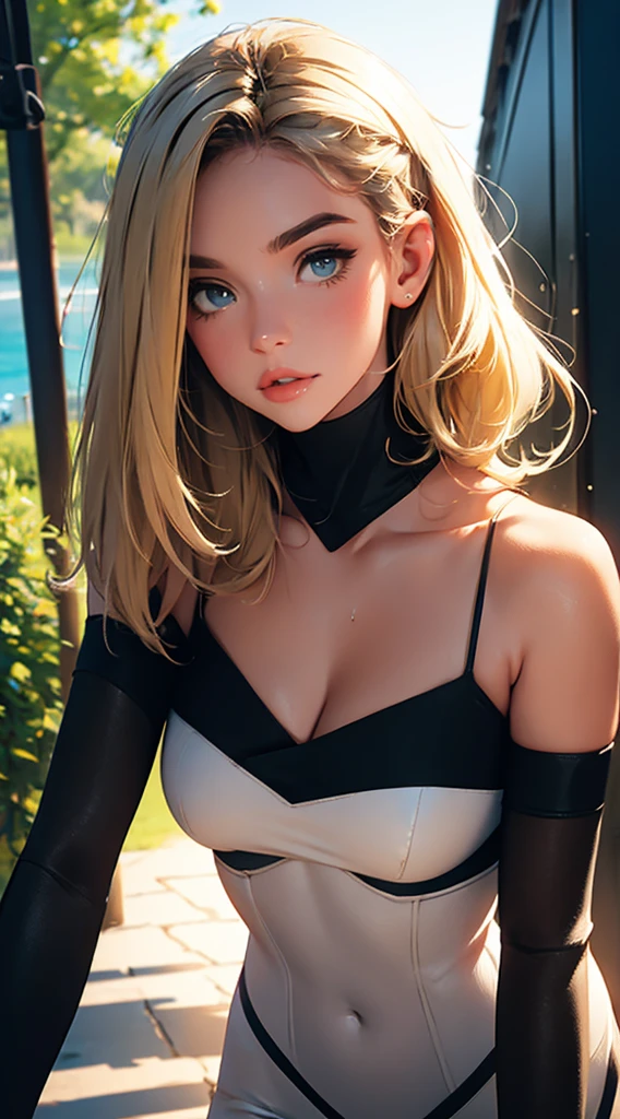 1 girl, Natural photography of a beautiful girl, wearing a futuristic , leaning over, medium hair, big bust, locks eyes into the camera, symmetrical eyes, symmetrical face, (masterpiece) (best quality) (detailed) (8k) photorealistic, photography, path tracing, specular lighting, volumetric face light, path traced hair, visible shadows, intricate, elaborate, oiled , cleavage, wet skin, flirty, , blush, dark eyeliner, hanging breasts,  strap gap, leaning forward, blonde