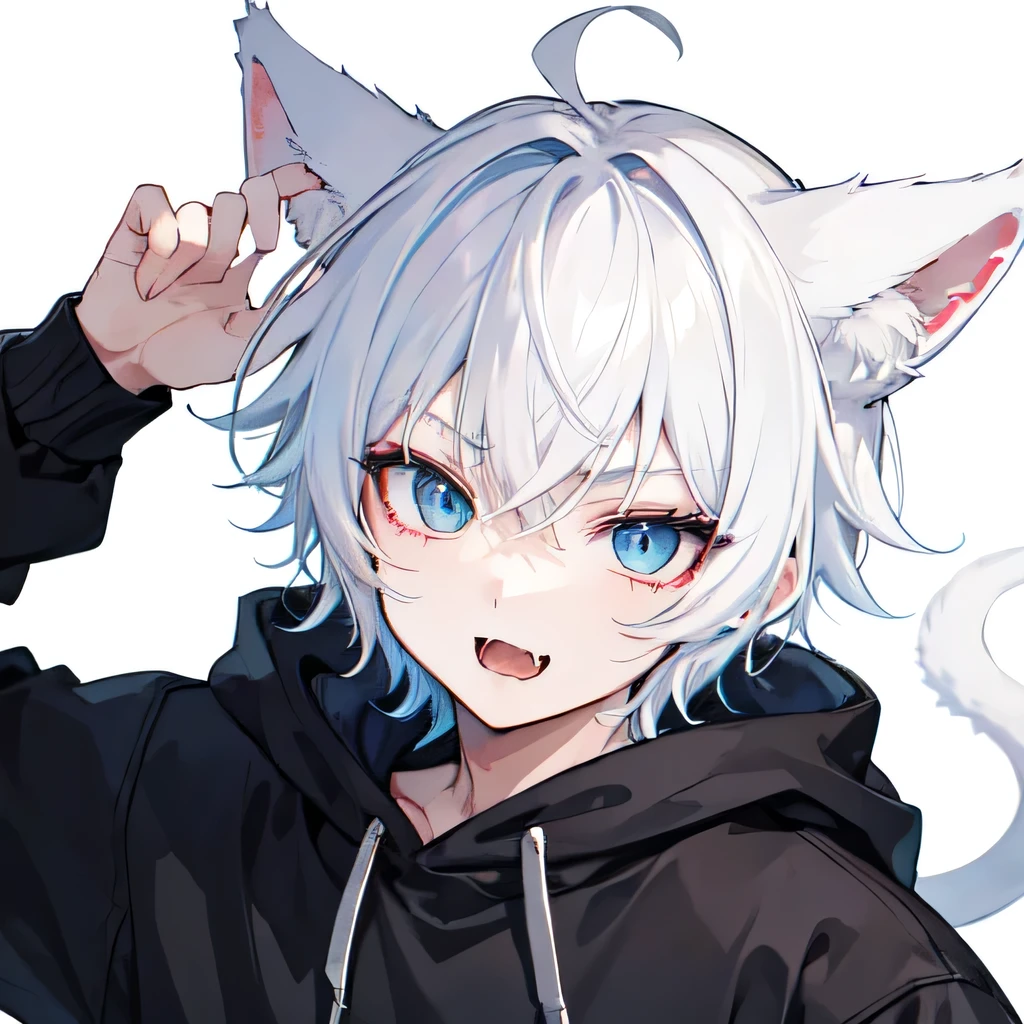 1Boy, Boyish, Catboy, Fangs Showing, Ultra-detailed Ice-colored Dragon Eyes, Eye-focus, Snow-White Hair, Head Shot, Cute Expression, Tight Hoodie, 2 gun, Plain Background