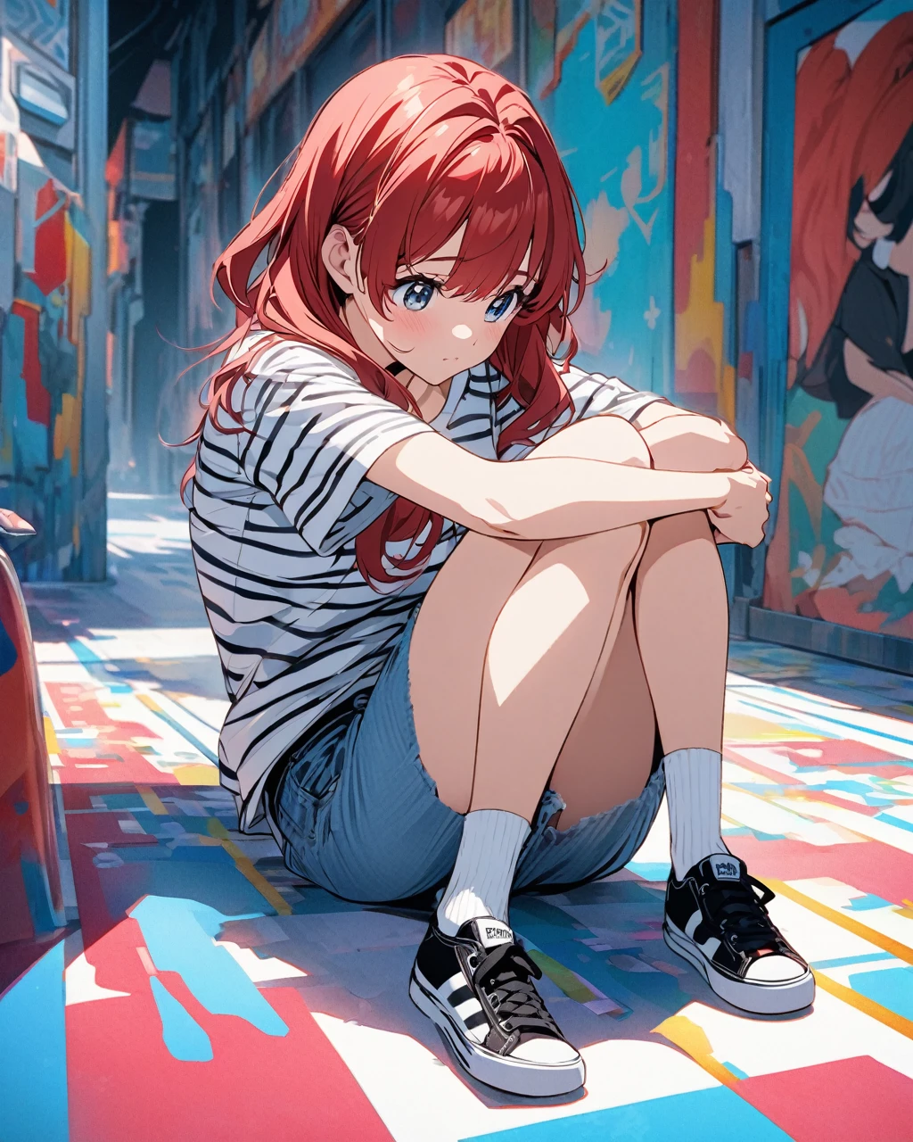 Create an anime-style illustration of a young woman with red hair sitting on the floor, hugging her knees. She is wearing a black and white striped t-shirt, light blue jeans, and black sneakers with white socks. The style should capture the essence of anime with vibrant colors and expressive features