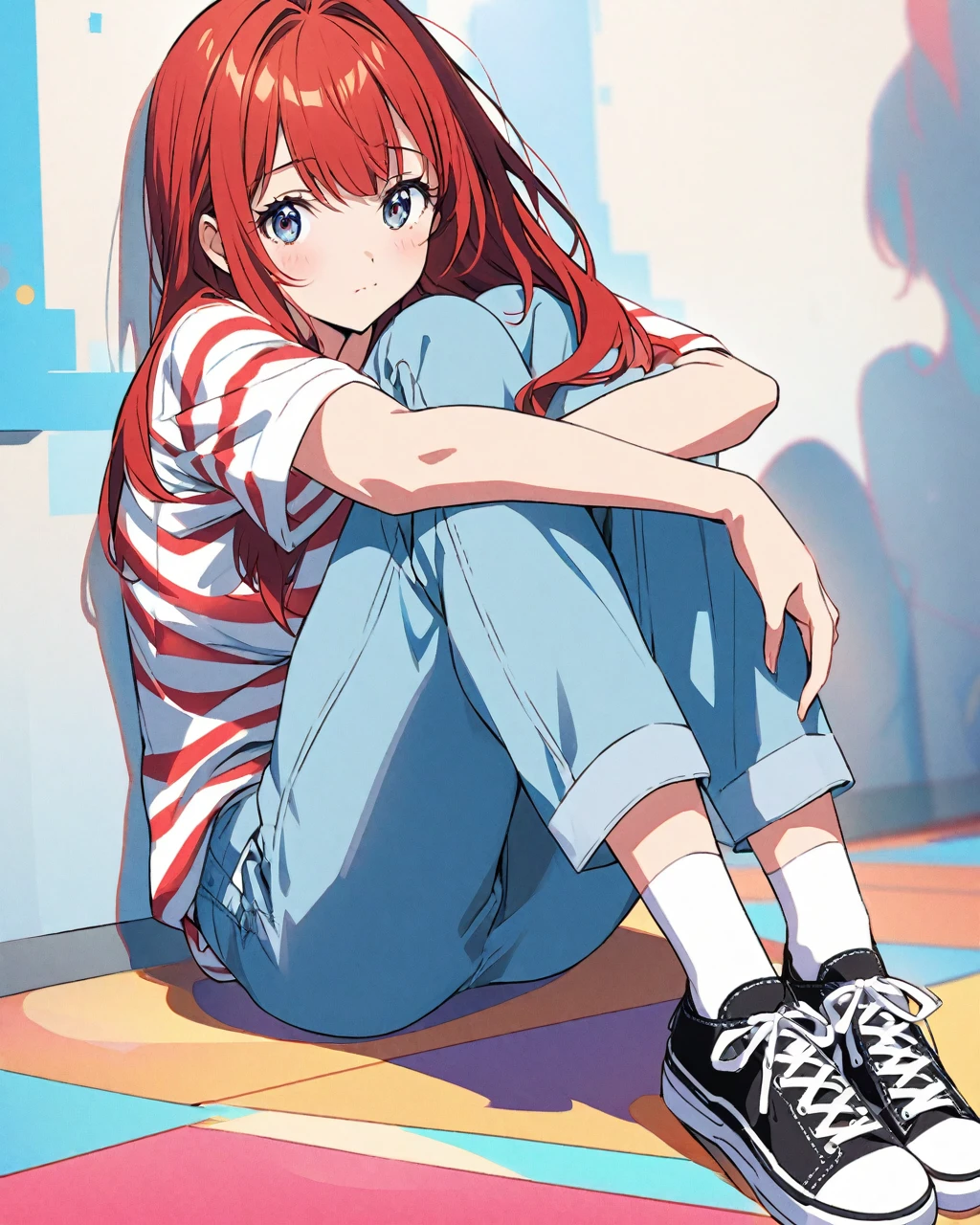 Create an anime-style illustration of a young woman with red hair sitting on the floor, hugging her knees. She is wearing a black and white striped t-shirt, light blue jeans, and black sneakers with white socks. The style should capture the essence of anime with vibrant colors and expressive features