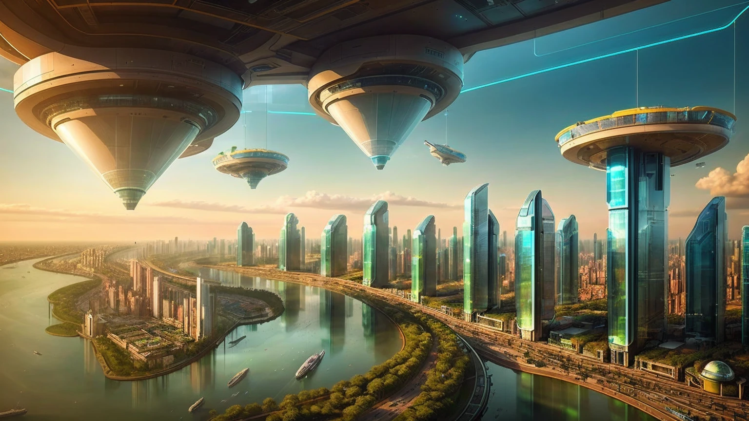 (Best quality,4K,8K,A high resolution,Masterpiece:1.2),Ultra-detailed,(Realistic,Photorealistic,photo-realistic:1.37),Futuristic floating city,Futuristic technology,Huge urban high-tech tablet platform,Airship,Floating in the sky,Futuristic city,Small airships around,High-tech hemispherical platform,Colorful lights,Advanced architecture,modernn architecture,skyscrapper,Access the cloud,Scenic beauty,view over city,Impressive design,Blend seamlessly with nature,energetic and vibrant atmosphere,Futuristic transportation system,Parking is suspended,Transparent path,Lush greenery,Sky gardens,cascading waterfalls,Magnificent skyline,reflections on the water,Sparkling river,Architectural innovation,futuristic skyscrapers,Transparent dome,The shape of the building is unusual,Elevated walkway,Impressive skyline,Glowing lights,Futuristic technology,Minimalist design,Scenic spots,Panoramic view,Cloud Piercing Tower,Vibrant colors,epic sunrise,epic sunset,Dazzling light display,magical ambiance,The future city,Urban Utopia,LuxuryLifestyle,Innovative energy,sustainable development,Smart city technology,Advanced infrastructure,Tranquil atmosphere,Nature and technology live in harmony,Awesome cityscape,Unprecedented urban planning,Architecture connects seamlessly with nature,High-tech metropolis,A cutting-edge engineering marvel,The future of urban living,Visionary architectural concept,Energy-efficient buildings,Harmony with the environment,A city floating above the clouds,Utopian dreams become reality,The possibilities are endless,State-of-the-art transportation network,Green energy integration,Innovative materials,Impressive holographic display,Advanced communication system,Breathtaking aerial view,Quiet and peaceful environment,Modernist aesthetics,Ethereal beauty