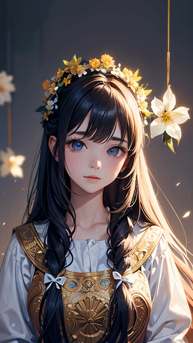 ((best quality)), ((Masterpiece)), (details), perfect facea drawing of a girl with a flower crown and long hair wearing some decorations, 1 girl, decorations, alone, long hair,white balance