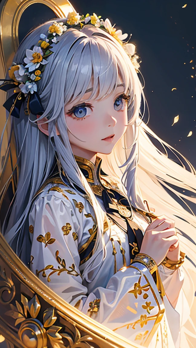 ((best quality)), ((Masterpiece)), (details), perfect facea drawing of a girl with a flower crown and long hair wearing some decorations, 1 girl, decorations, alone, long hair,white balance