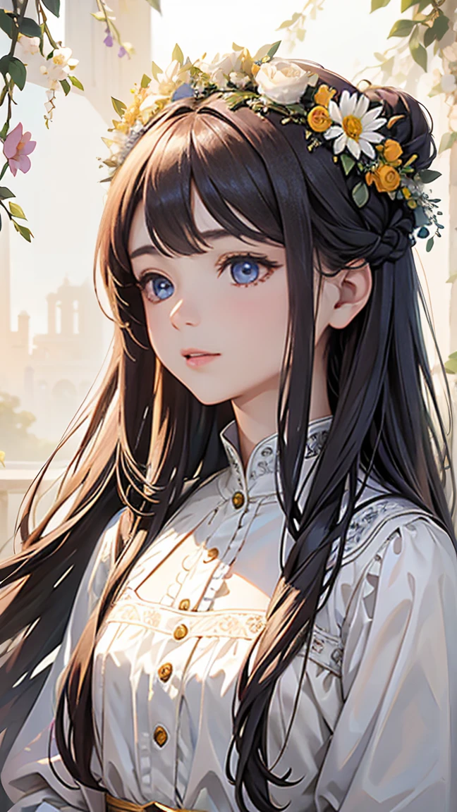 ((best quality)), ((Masterpiece)), (details), perfect facea drawing of a girl with a flower crown and long hair wearing some decorations, 1 girl, decorations, alone, long hair,white balance