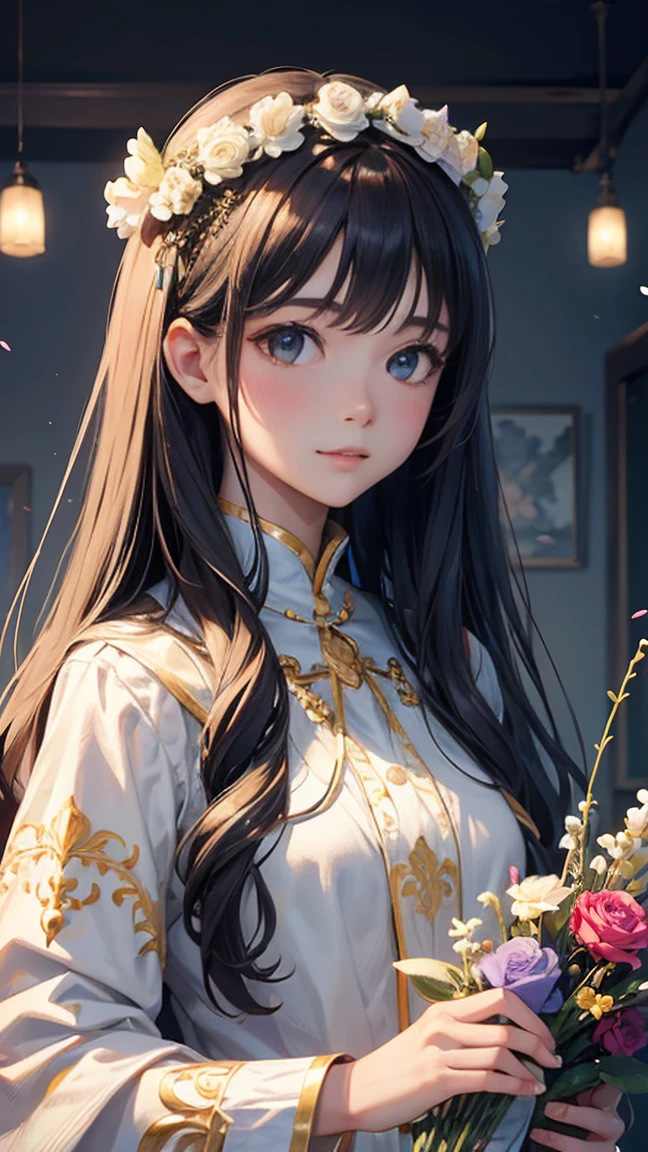 ((best quality)), ((Masterpiece)), (details), perfect facea drawing of a girl with a flower crown and long hair wearing some decorations, 1 girl, decorations, alone, long hair,white balance