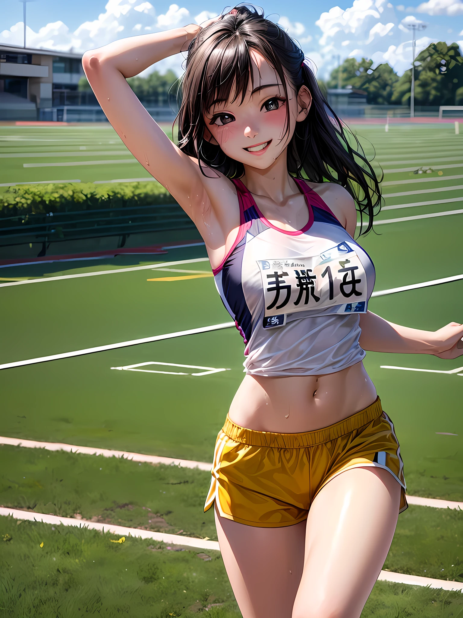 Highest quality、Bras for elementary school students、Beige shorts、Cool look、Sexy pose in room、Armpit sweat、Grass、Ecstasy face((Tabletop)), (1 girl:2.0), (Highly detailed face, smile) , (Physically slim), (Japanese Girls), ((Track and field club member, Long-distance runner)), Slightly round face, cute, Big eyes