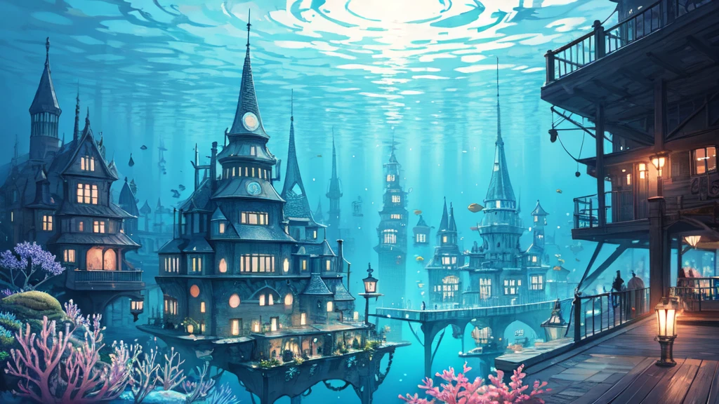 Submerged city, underwater opera house, illustration, nostalgic, underwater, water city, vivid, background only, bright, underwater