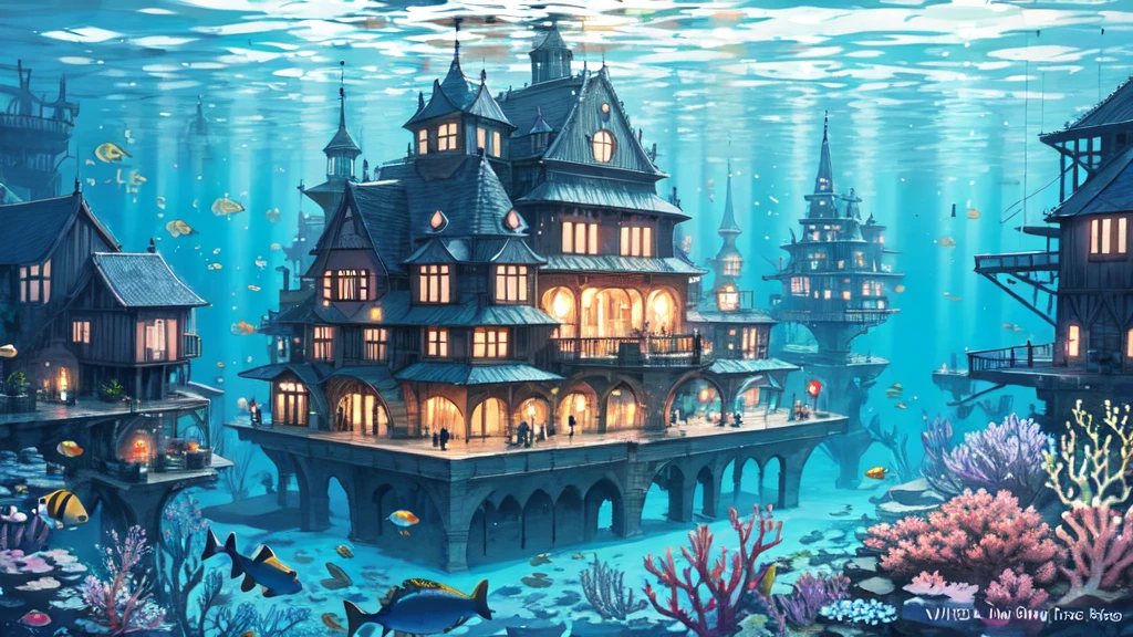 Submerged city, underwater opera house, illustration, nostalgic, underwater, water city, vivid, background only, bright, underwater